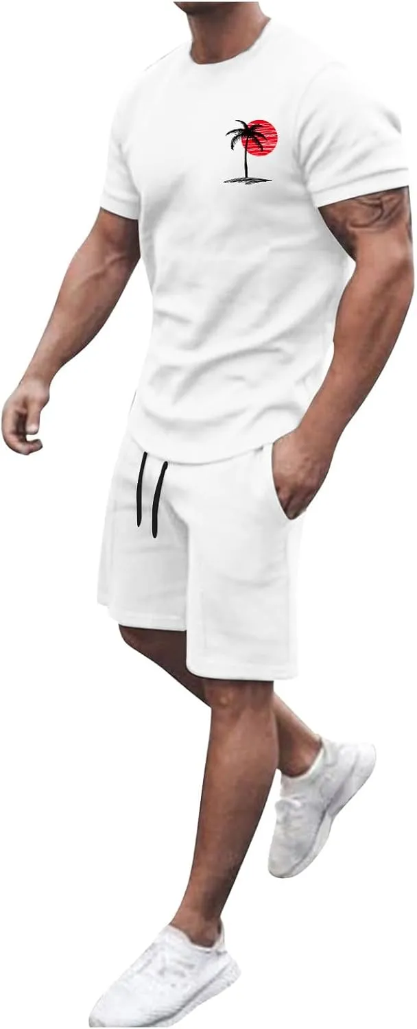 Summer Beach Outfits for Men Hawaiian Crewneck Short Sleeved Tracksuits Basic 2pc Comfortable Tee Tops and Short Sets