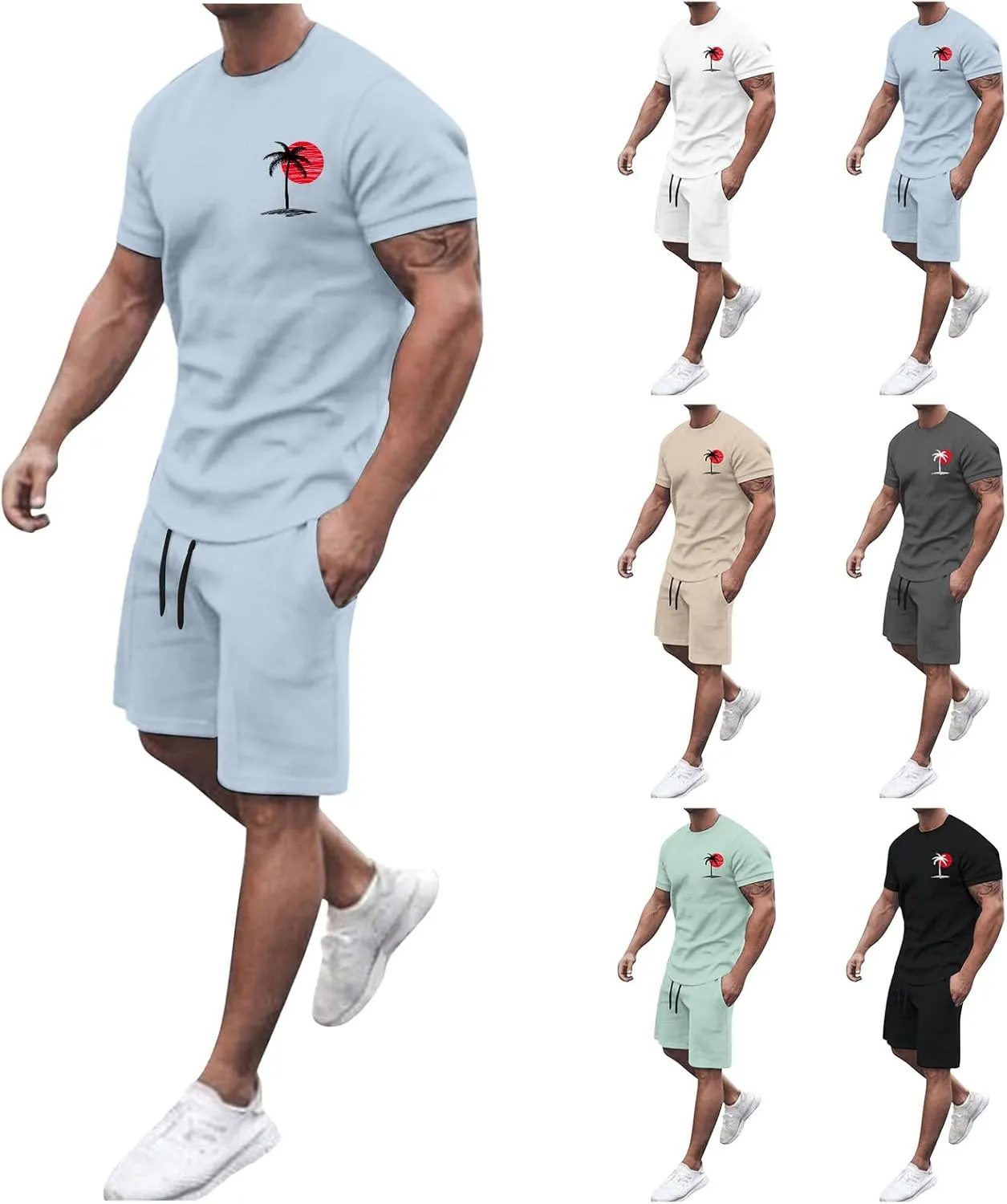 Summer Beach Outfits for Men Hawaiian Crewneck Short Sleeved Tracksuits Basic 2pc Comfortable Tee Tops and Short Sets