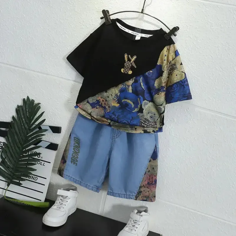 Summer Boys Cartoon Bear T-Shirt & Denim Shorts