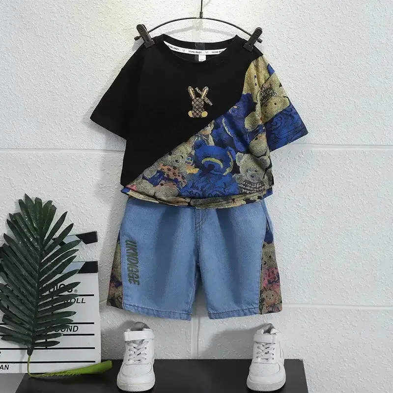 Summer Boys Cartoon Bear T-Shirt & Denim Shorts