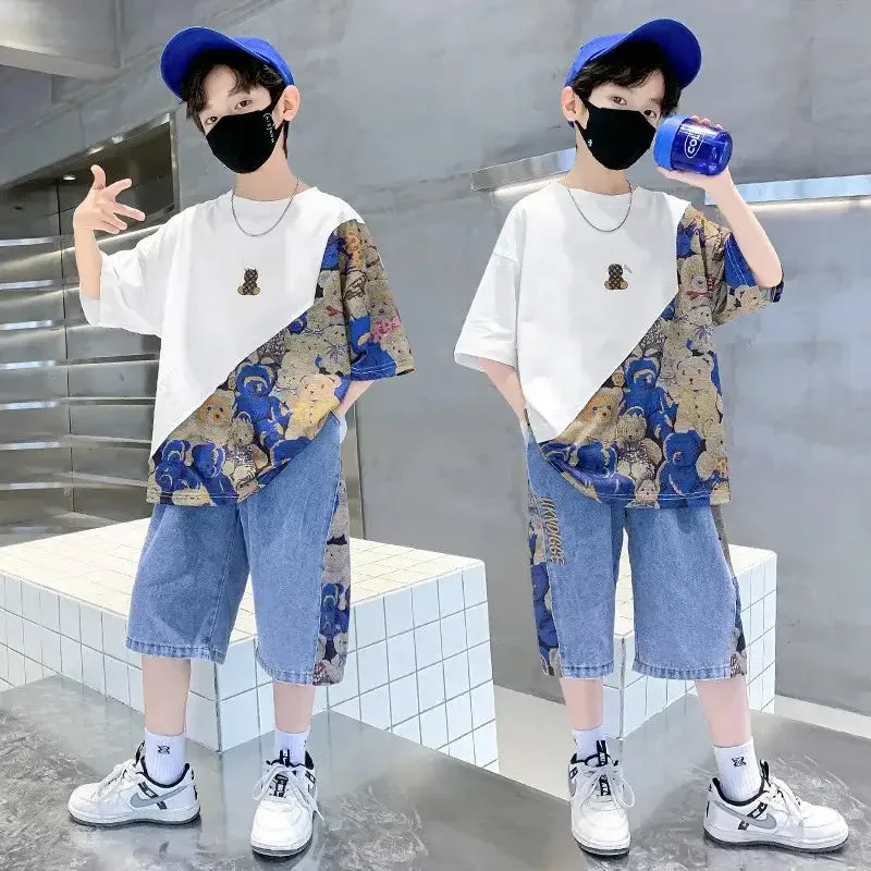 Summer Boys Cartoon Bear T-Shirt & Denim Shorts