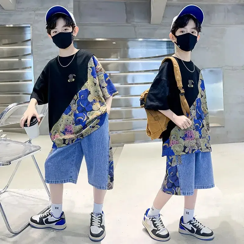 Summer Boys Cartoon Bear T-Shirt & Denim Shorts