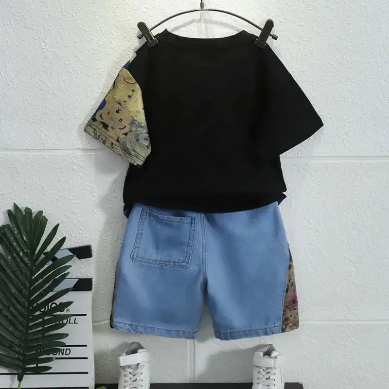 Summer Boys Cartoon Bear T-Shirt & Denim Shorts