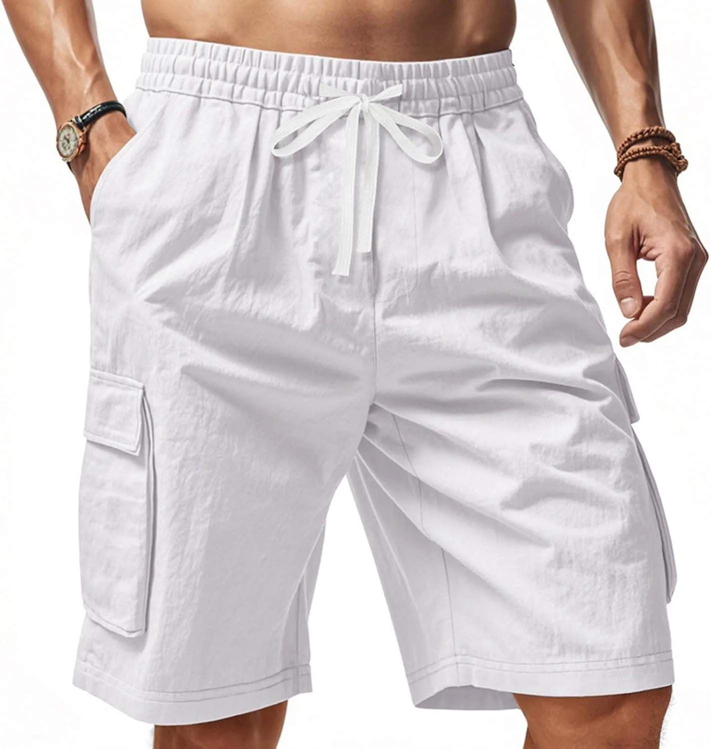 Summer Cargo Shorts for Men Casual Drawstring Elastic Waist Shorts Lightweight Vacation Beach Pant with Multi Pockets