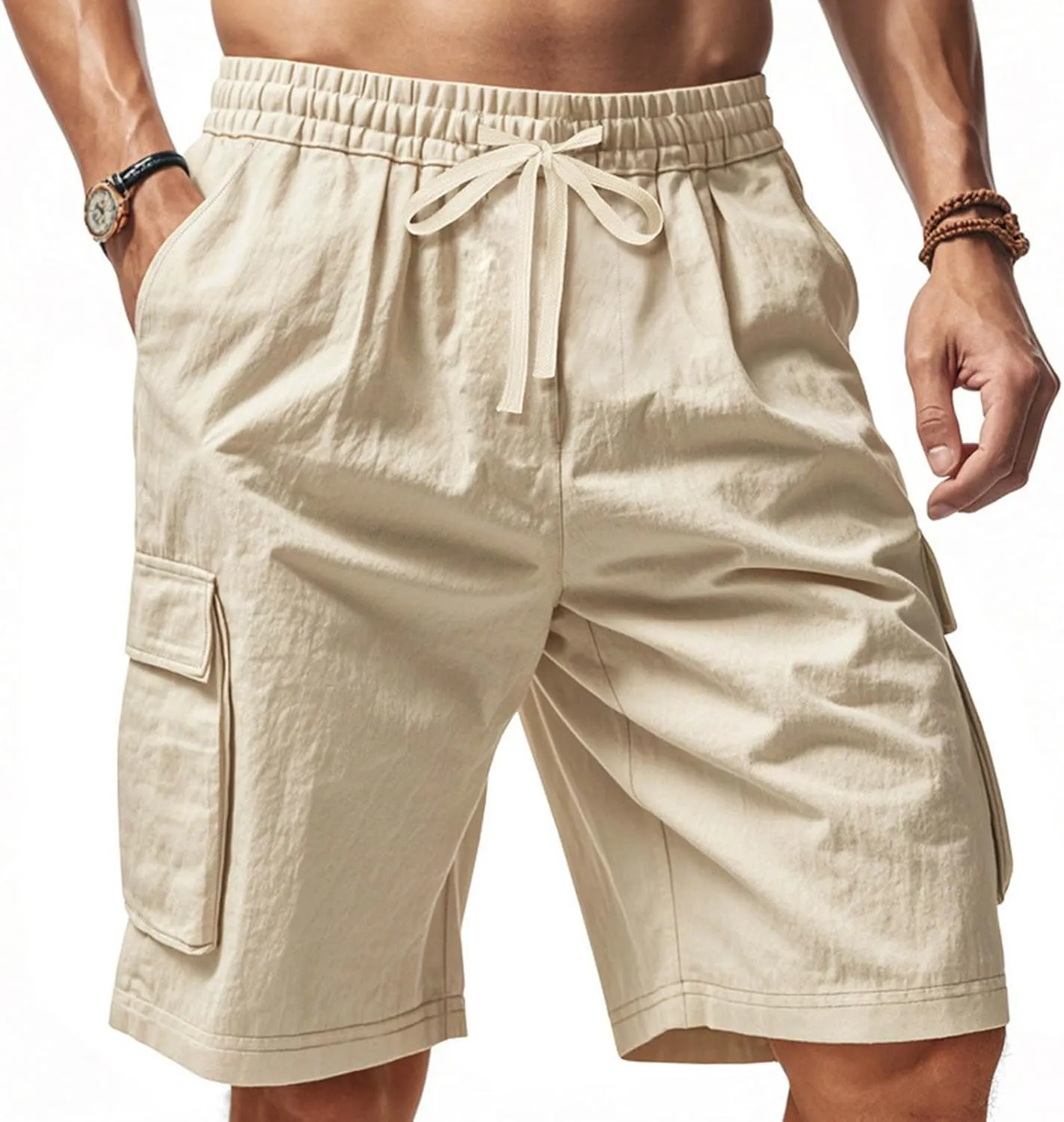 Summer Cargo Shorts for Men Casual Drawstring Elastic Waist Shorts Lightweight Vacation Beach Pant with Multi Pockets