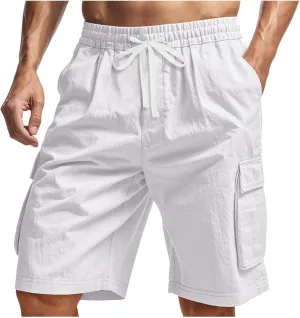 Summer Cargo Shorts for Men Casual Drawstring Elastic Waist Shorts Lightweight Vacation Beach Pant with Multi Pockets