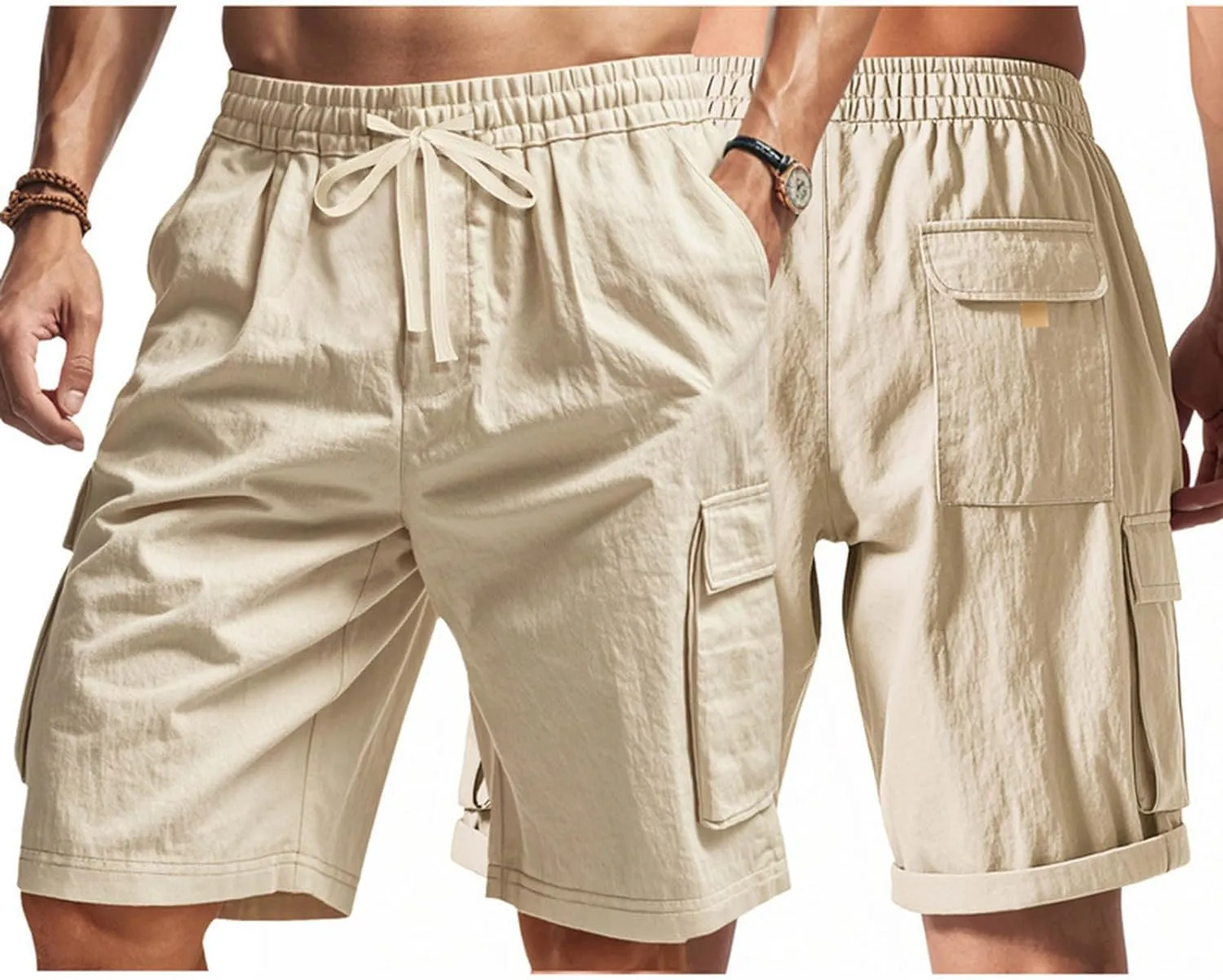 Summer Cargo Shorts for Men Casual Drawstring Elastic Waist Shorts Lightweight Vacation Beach Pant with Multi Pockets