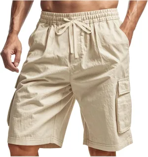 Summer Cargo Shorts for Men Casual Drawstring Elastic Waist Shorts Lightweight Vacation Beach Pant with Multi Pockets