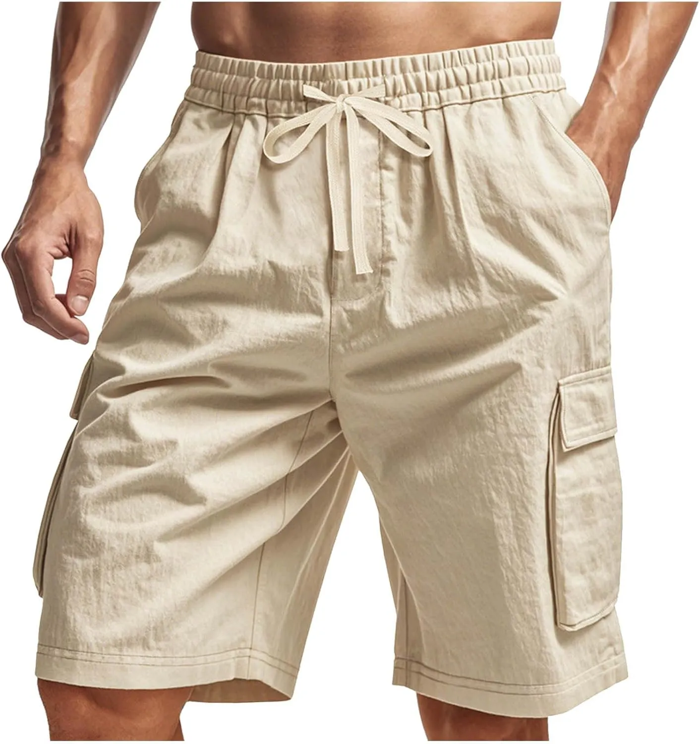Summer Cargo Shorts for Men Casual Drawstring Elastic Waist Shorts Lightweight Vacation Beach Pant with Multi Pockets