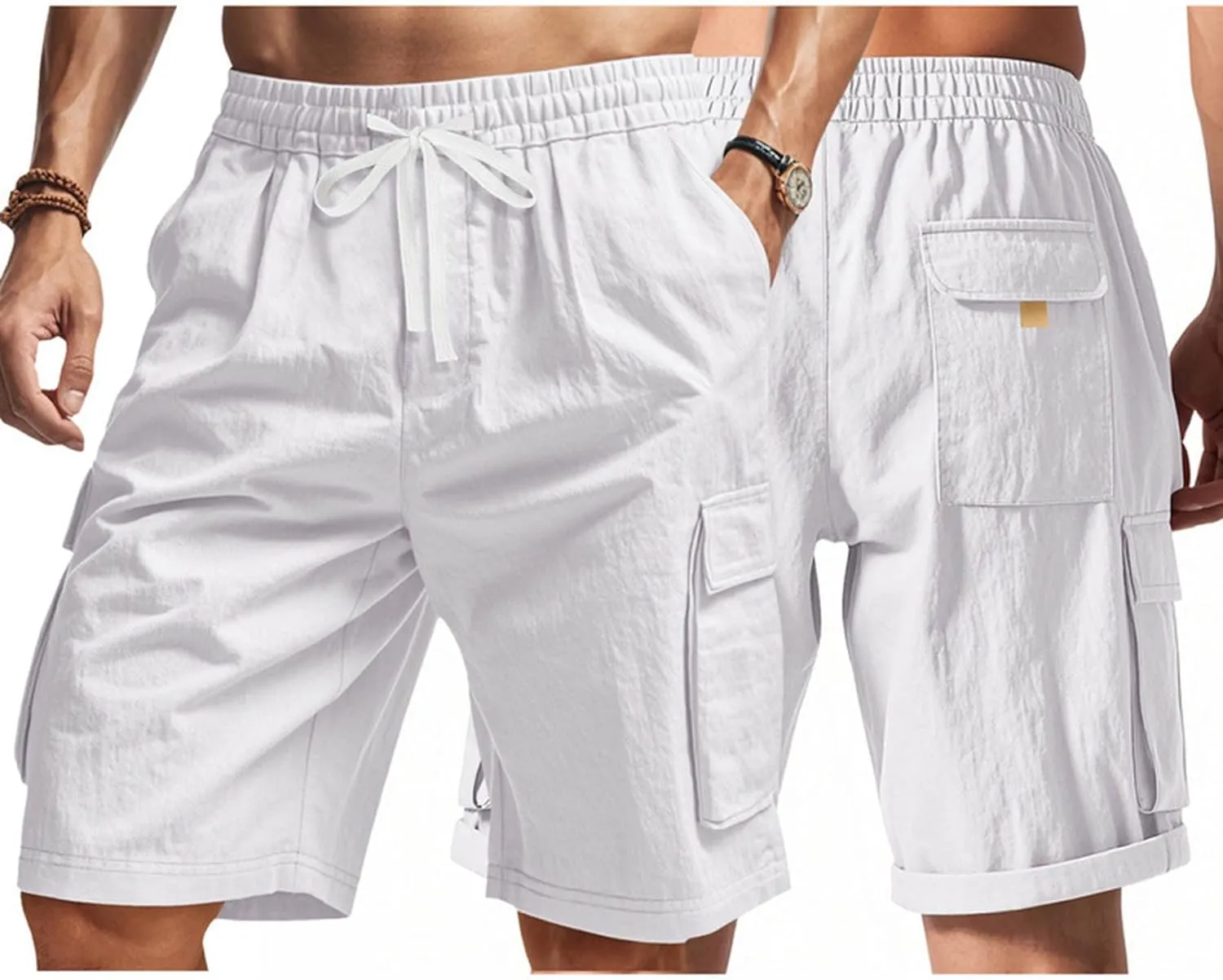 Summer Cargo Shorts for Men Casual Drawstring Elastic Waist Shorts Lightweight Vacation Beach Pant with Multi Pockets