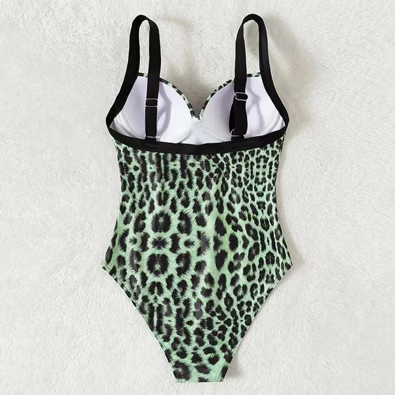 Summer Leopard Print Underwire Push-Up One-Piece Swimwear