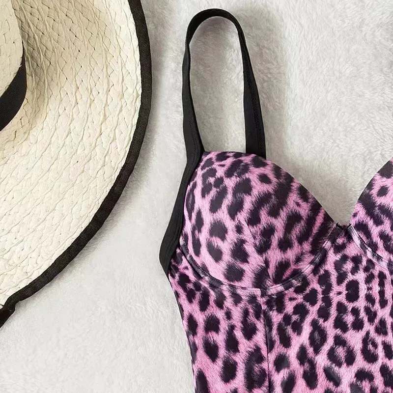 Summer Leopard Print Underwire Push-Up One-Piece Swimwear