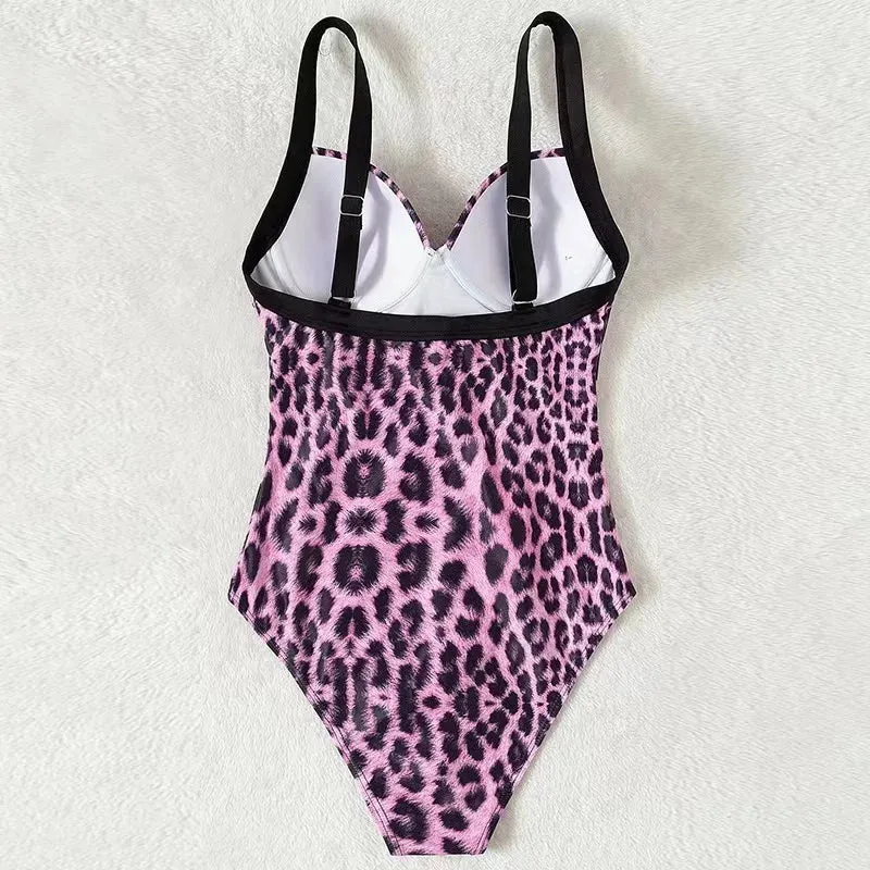 Summer Leopard Print Underwire Push-Up One-Piece Swimwear