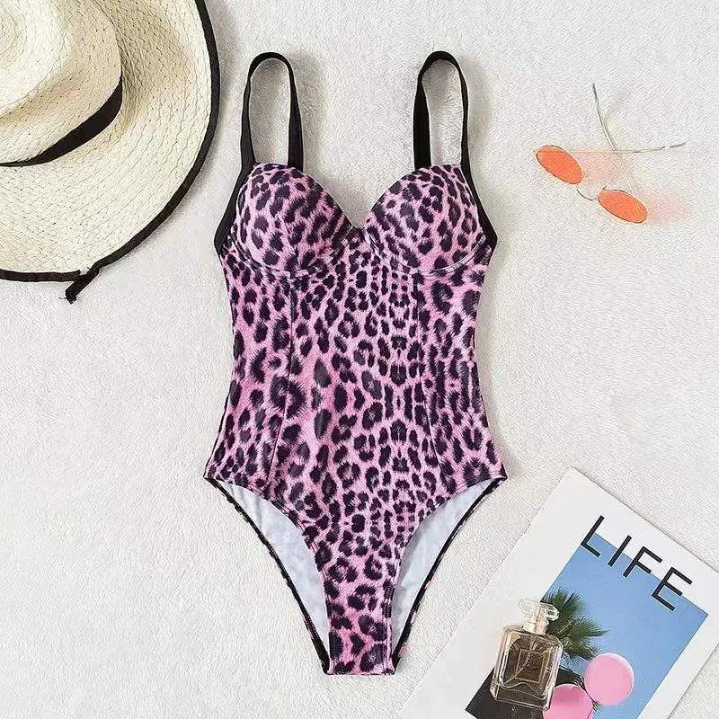 Summer Leopard Print Underwire Push-Up One-Piece Swimwear
