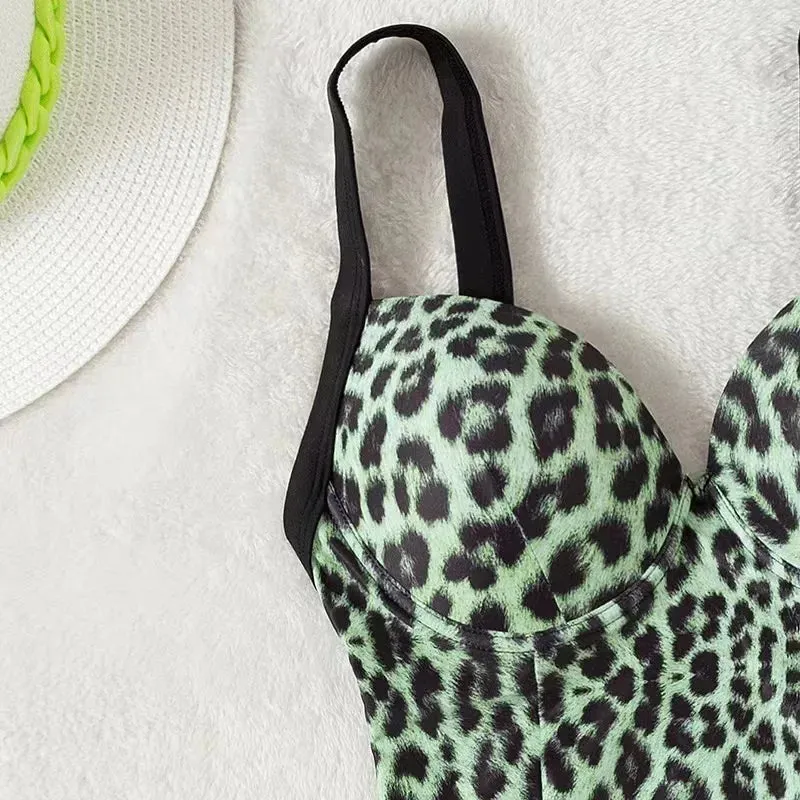 Summer Leopard Print Underwire Push-Up One-Piece Swimwear