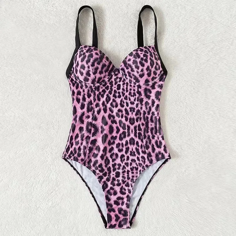 Summer Leopard Print Underwire Push-Up One-Piece Swimwear