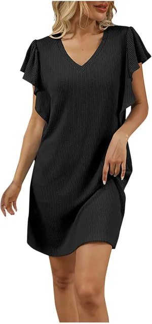 Summer Mini Dresses for Women Ruffle Cap Sleeve V Neck Striped Printed Above Knee Length Casual Loose Shift Dress