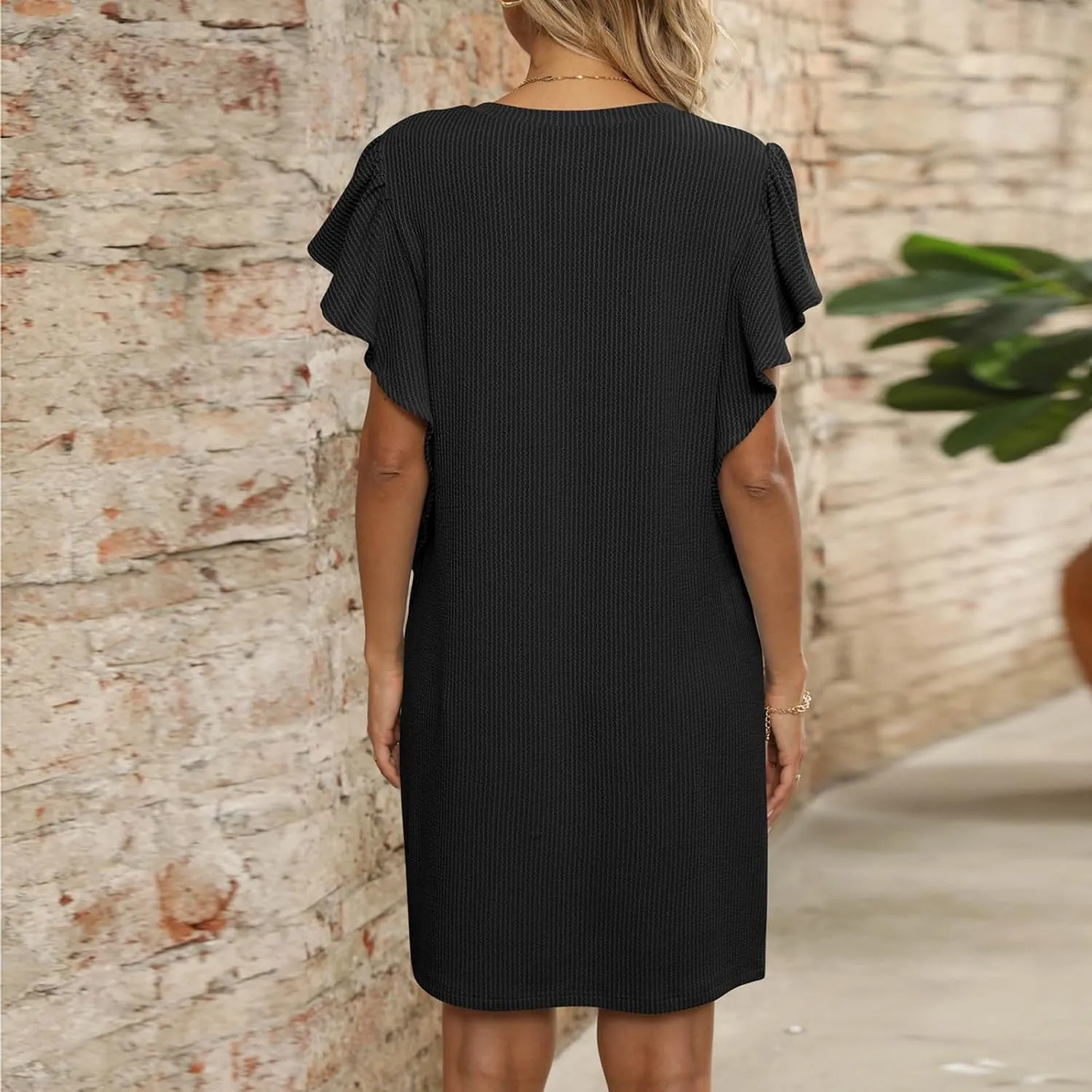 Summer Mini Dresses for Women Ruffle Cap Sleeve V Neck Striped Printed Above Knee Length Casual Loose Shift Dress