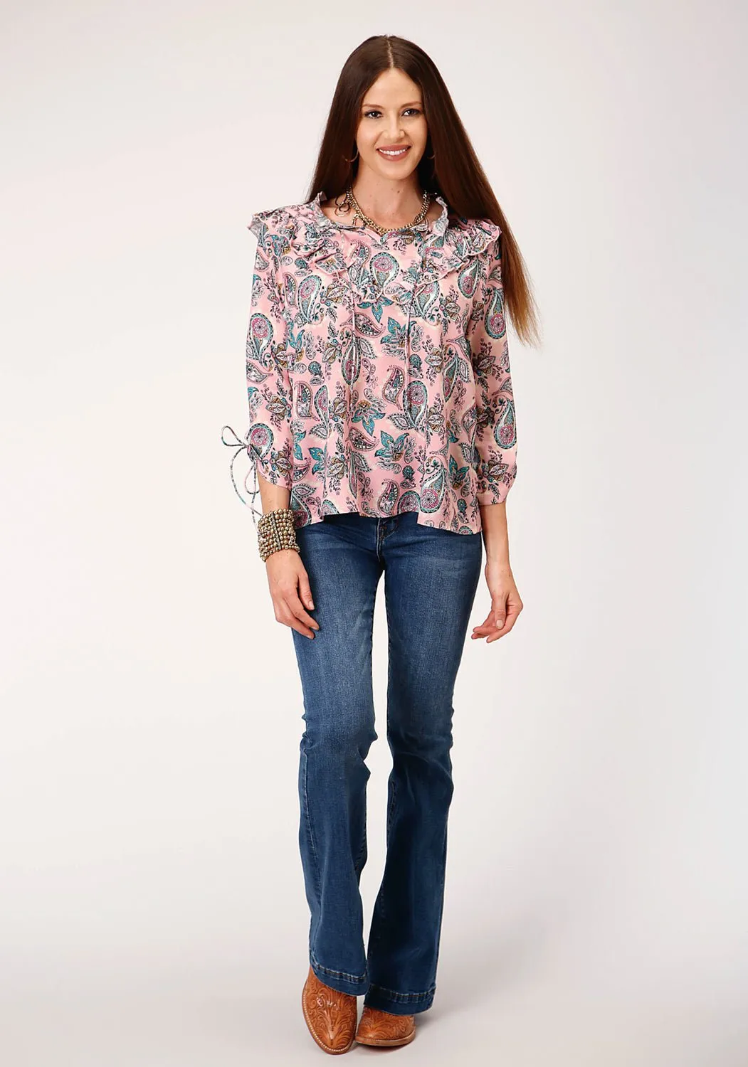 Roper Womens Pink Rayon/Nylon Victorian Paisley S/S Blouse Local Favorite Smooth Stitch Pattern