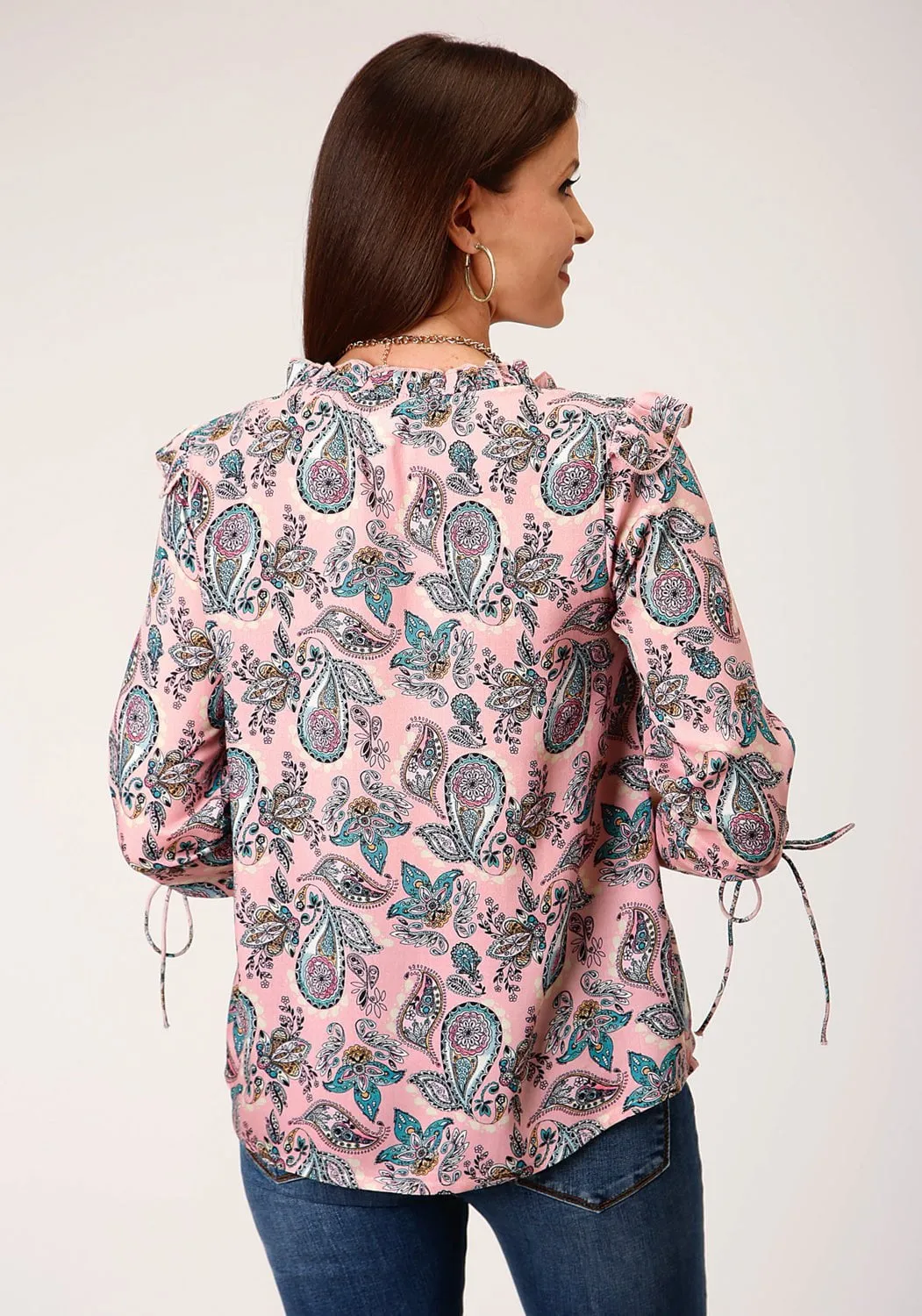 Contemporary Design Multipocket Style Roper Womens Pink Rayon/Nylon Victorian Paisley S/S Blouse