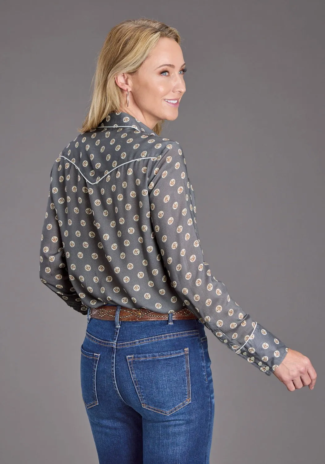 Lounge Wear Stetson Womens 2440 Horse Pennies Grey 100% Rayon L/S Blouse