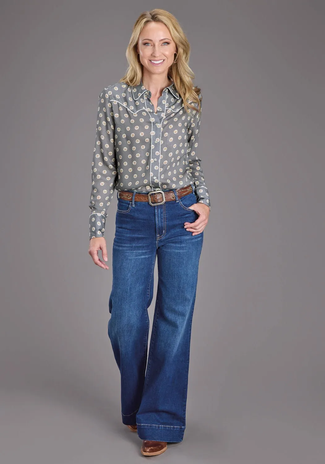 Trendy designs Mountain Escape Stetson Womens 2440 Horse Pennies Grey 100% Rayon L/S Blouse