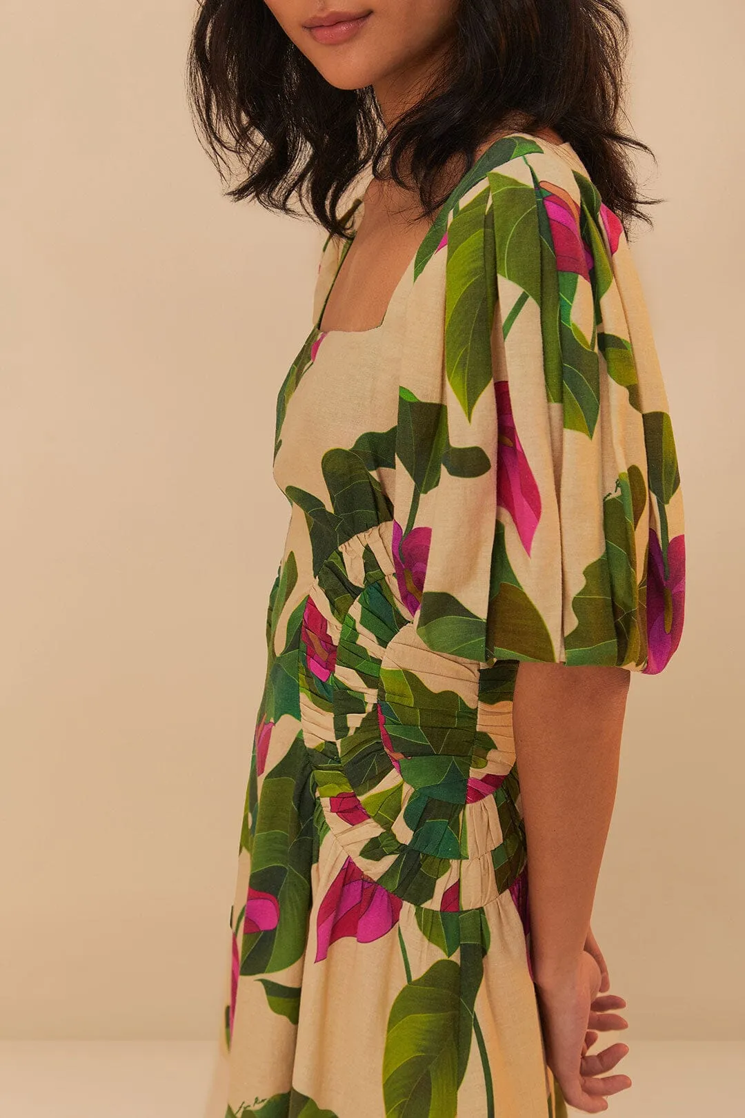 Smooth Outline Travel piece Anthurium Leaves Short Sleeve Square Neck Dress in Sand