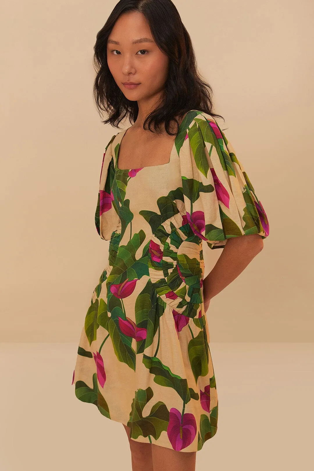 Elastic-Waist Side-Zip Anthurium Leaves Short Sleeve Square Neck Dress in Sand