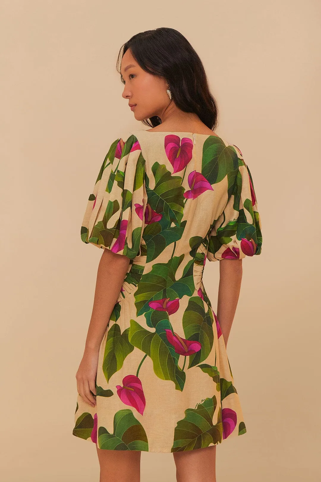 Sophisticated Waist Fit Chilly Comfort Wear Anthurium Leaves Short Sleeve Square Neck Dress in Sand