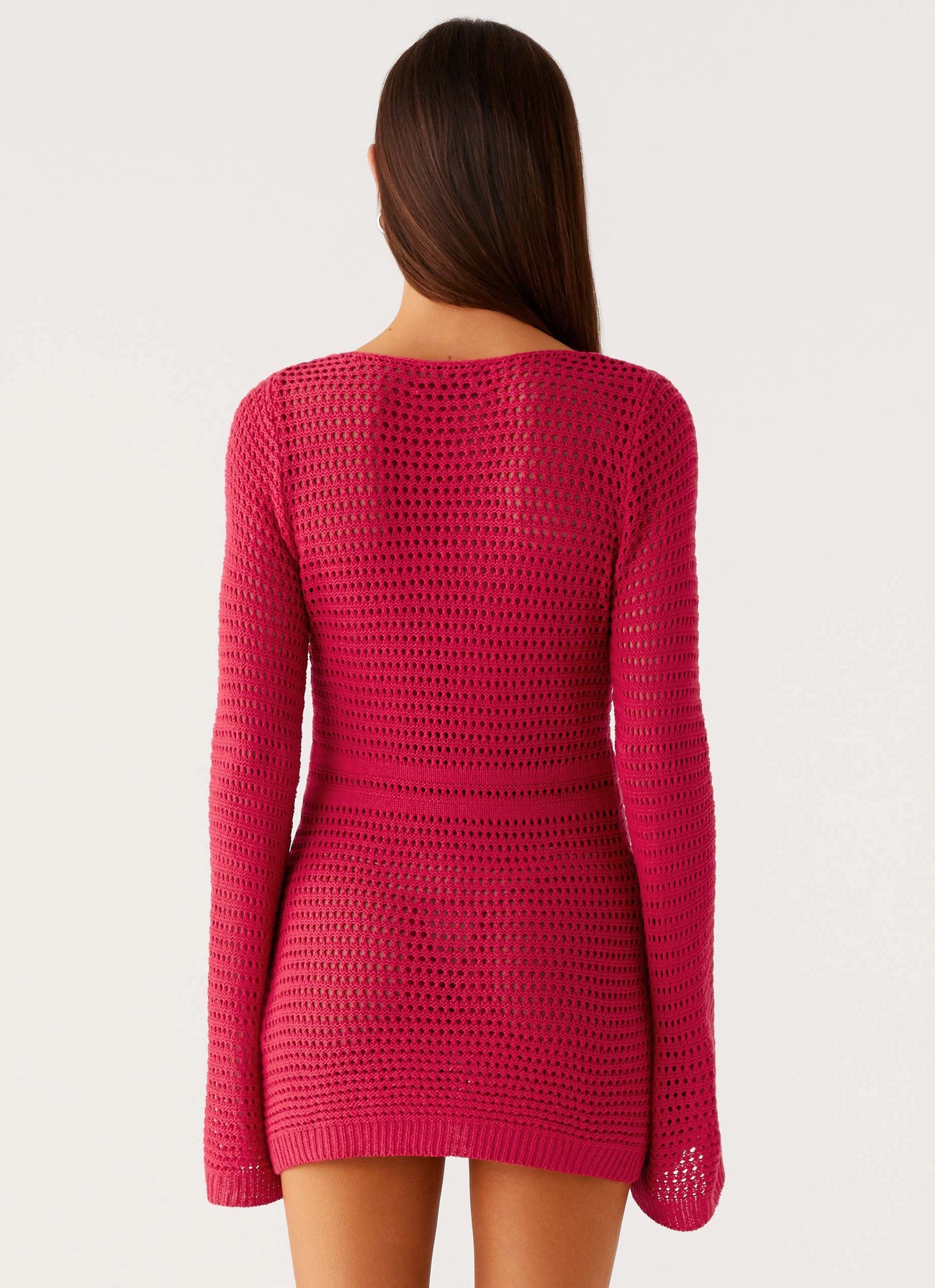 Wrap-Style Natural Silhouette Sunriser Crochet Mini Dress - Pink