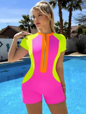 Surfista Women's Short Sleeve Zip-Up Romper Swimsuit for Active Beach Days