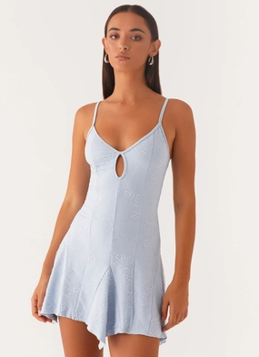 Surry Mini Dress - Blue Sheer Overlay Lightweight-Lining Knot-Detail Surry Mini Dress - Blue