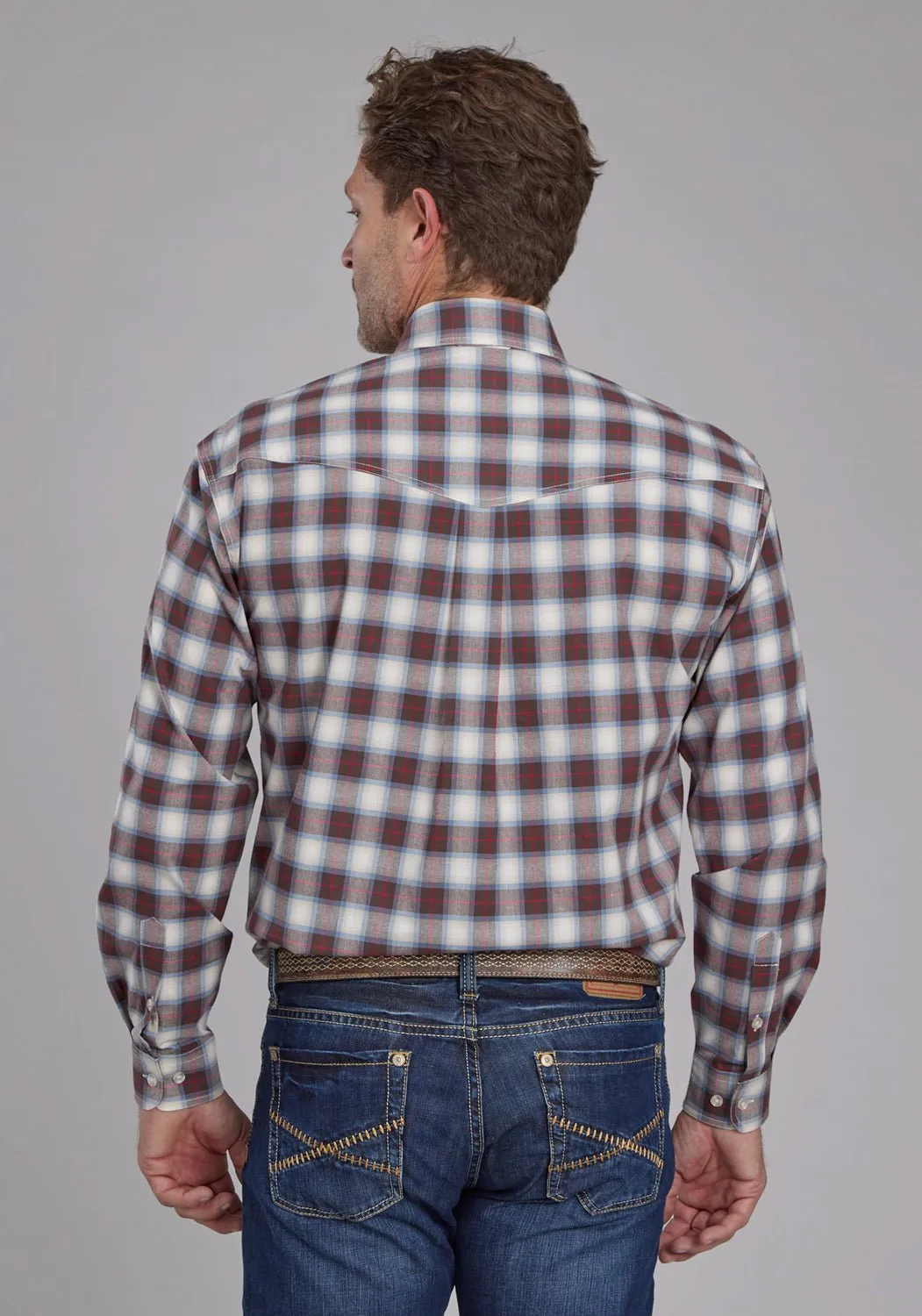 Breathable Underarm Vents No Bulk Layering System Roper Mens 2164 Stretch Plaid Brown Cotton Blend Tall L/S Shirt