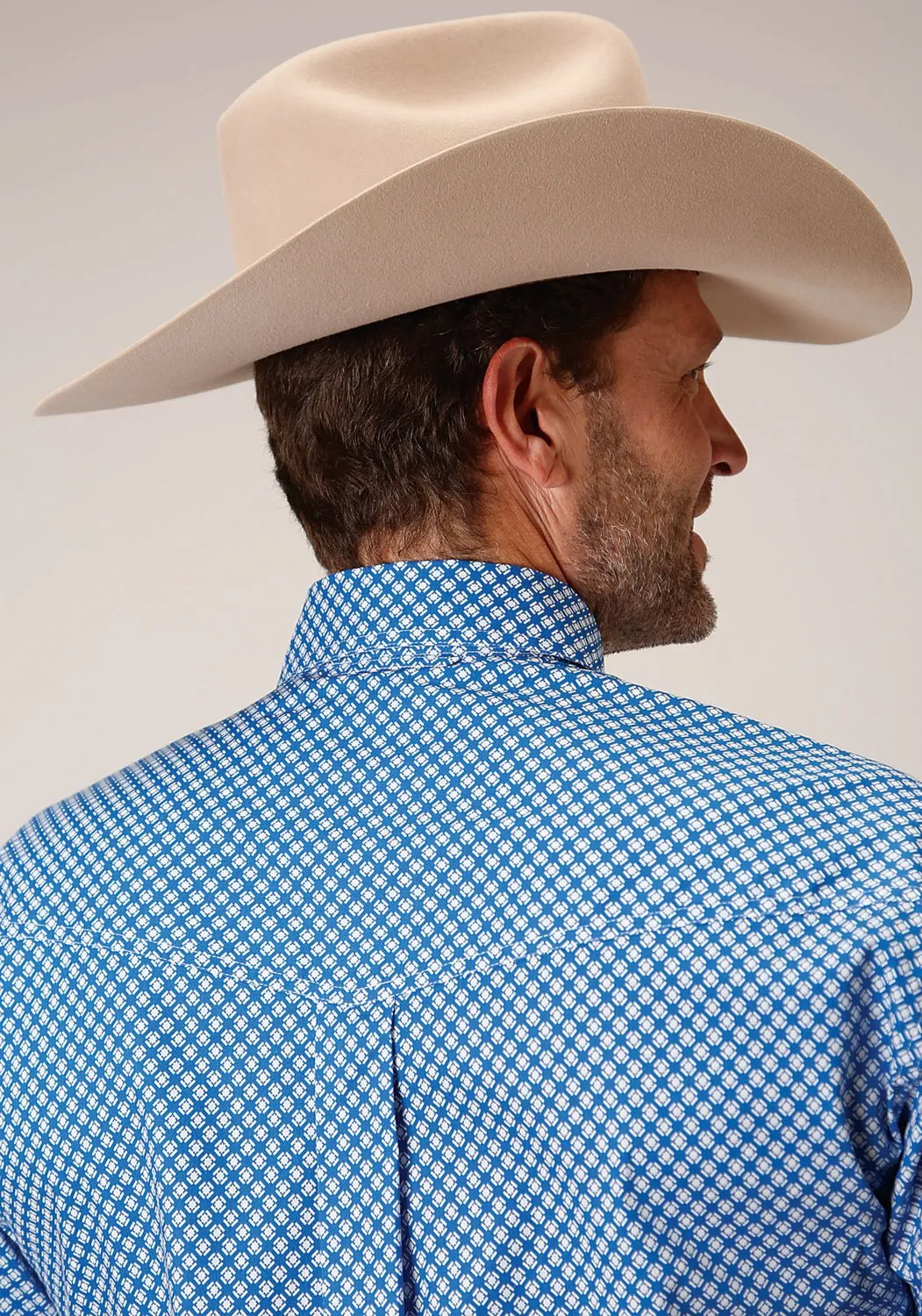 Seamless Shoulder Roper Mens Blue Cotton Blend Diamond Star Geo BD L/S Btn Shirt
