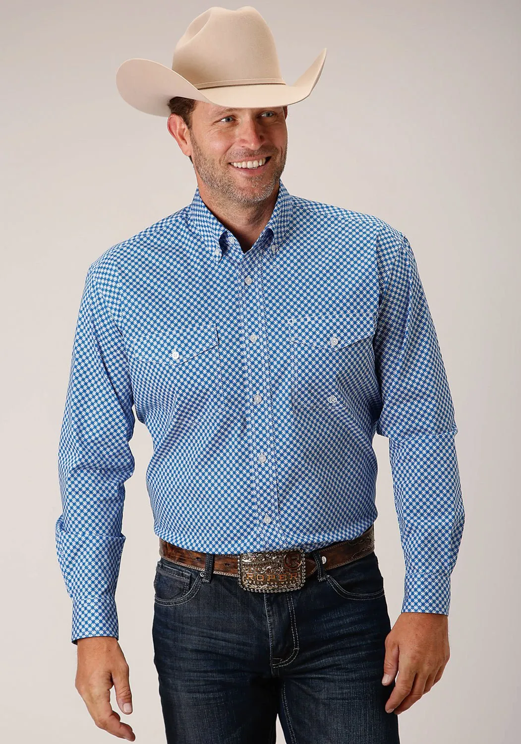 Roper Mens Blue Cotton Blend Diamond Star Geo BD L/S Btn Shirt Linen blend Earthy Hue