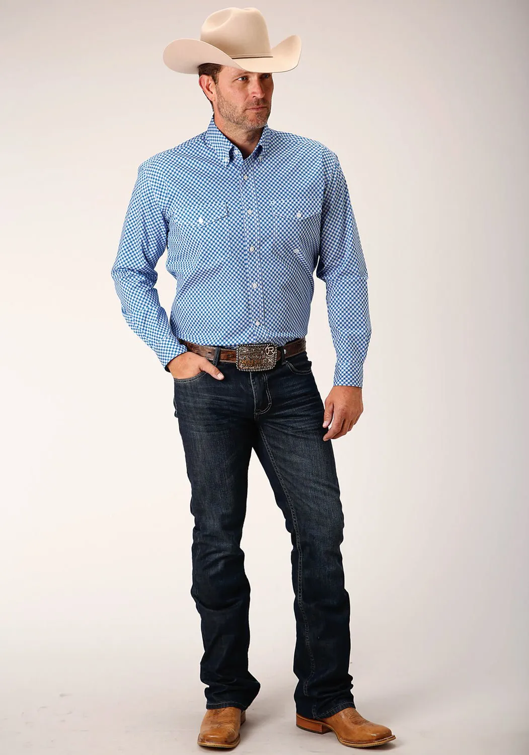 Roper Mens Blue Cotton Blend Diamond Star Geo BD L/S Btn Shirt Picnic Outfit Smooth Stitch Pattern