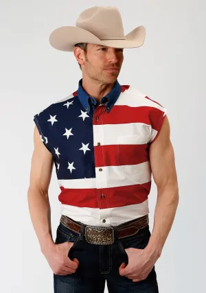 Sustainable materials Roper Mens Multi-Color 100% Cotton American Flag BD S/L Patriotic Shirt Reinforced Side Vents Workwear Casual Roper Mens Multi-Color 100% Cotton American Flag BD S/L Patriotic Shirt