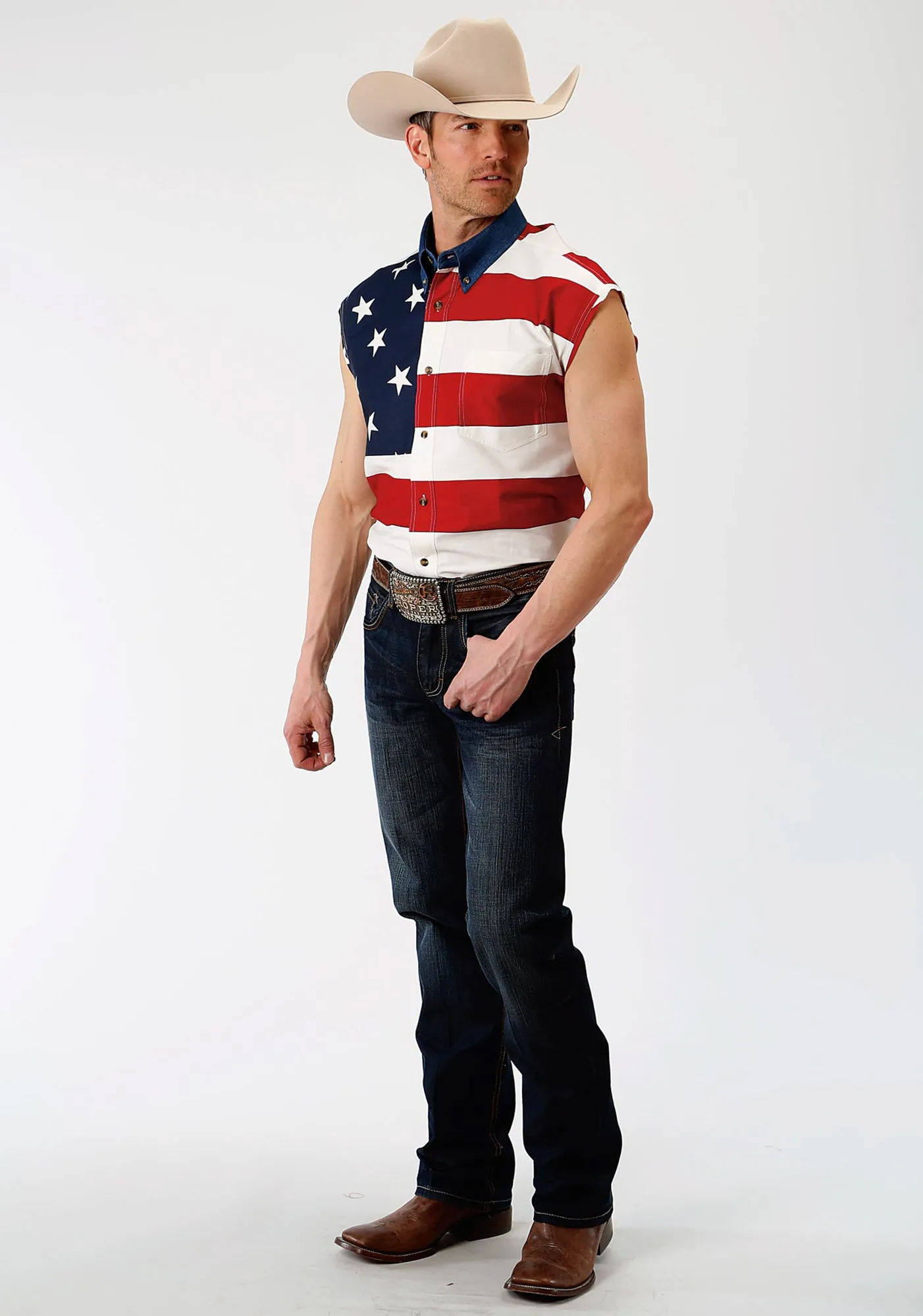 Standalone Option Cooling Mesh Lining Roper Mens Multi-Color 100% Cotton American Flag BD S/L Patriotic Shirt