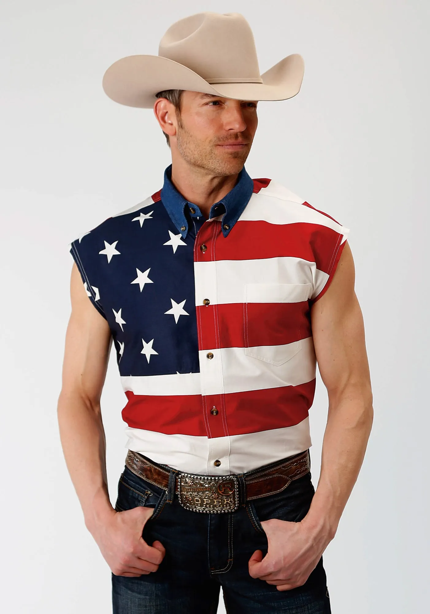 Distressed finish Anti Pill Treatment Roper Mens Multi-Color 100% Cotton American Flag BD S/L Patriotic Shirt