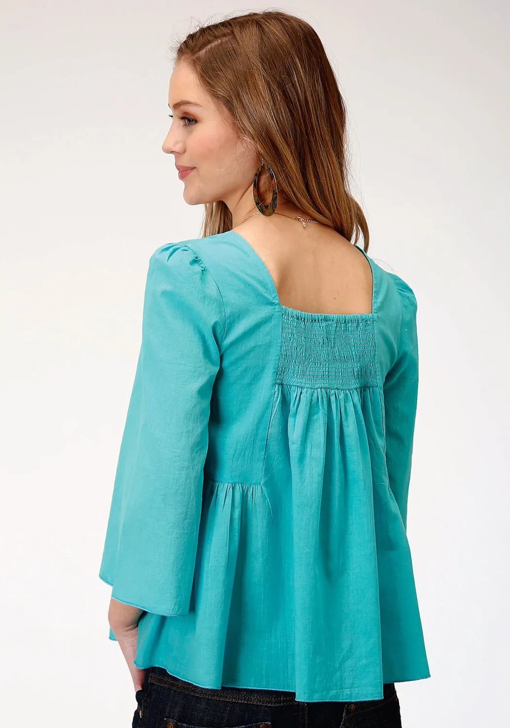 Roper Womens Turquoise 100% Cotton Bell Sleeve S/S Blouse Fashion Comfort