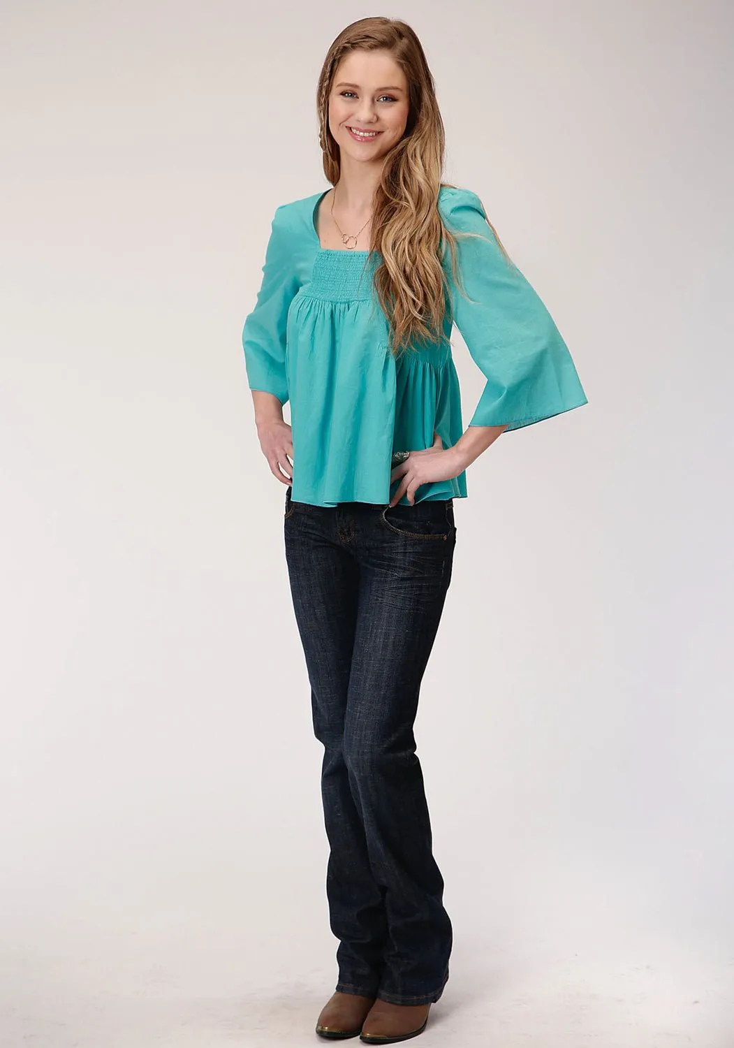 Roper Womens Turquoise 100% Cotton Bell Sleeve S/S Blouse Classic Collar Casual Design