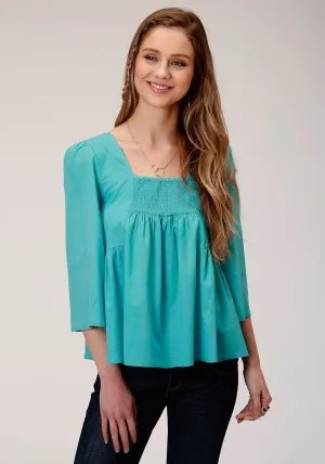 Sustainable materials Roper Womens Turquoise 100% Cotton Bell Sleeve S/S Blouse Durable Button Closures Roper Womens Turquoise 100% Cotton Bell Sleeve S/S Blouse