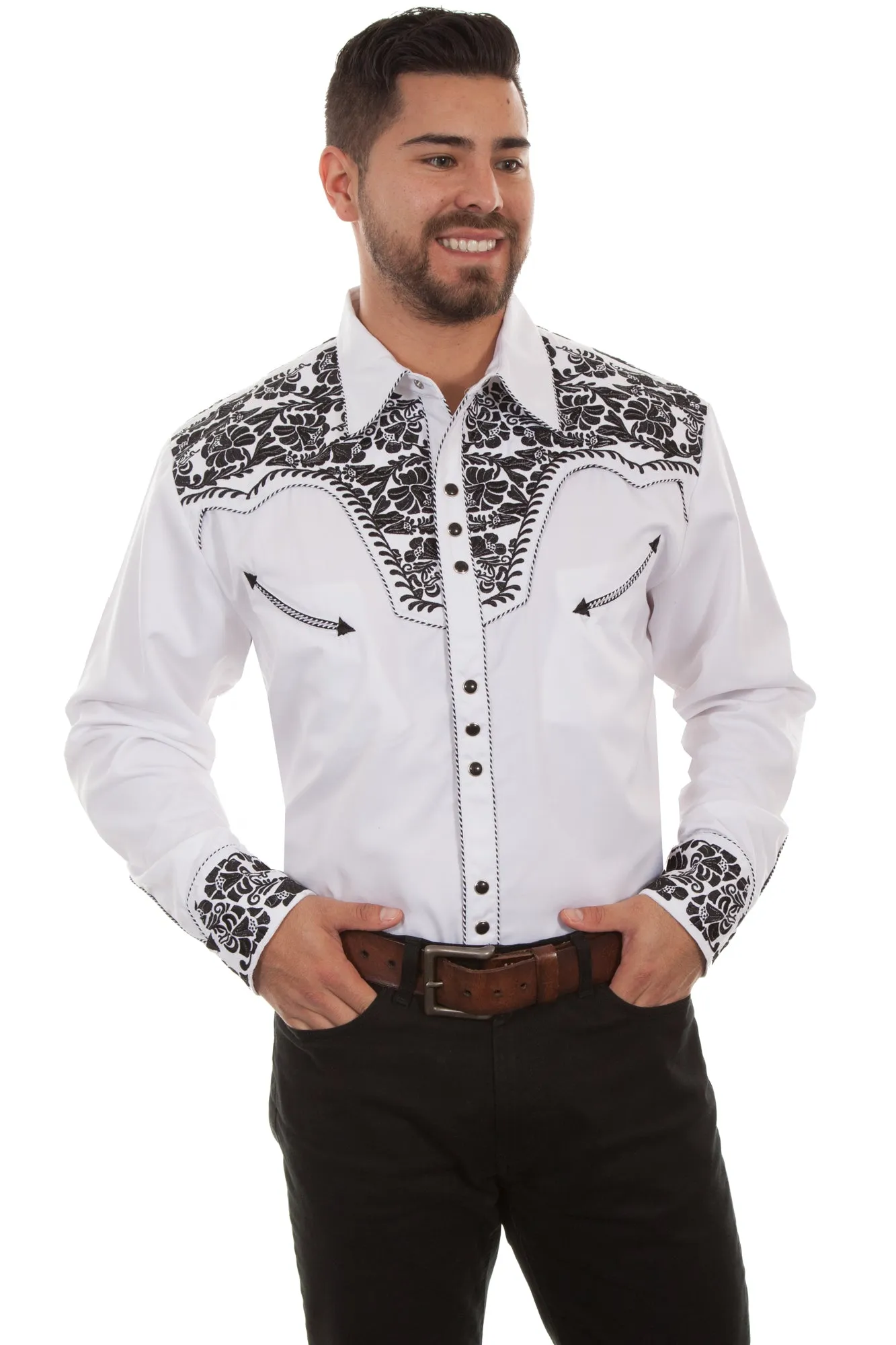 Edgy style Scully Mens White/Black Poly/Rayon Tooled Floral L/S Shirt