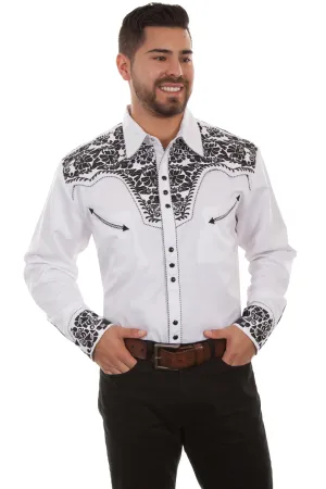 Sustainable materials Scully Mens White/Black Poly/Rayon Tooled Floral L/S Shirt Light Wear Layered Collar Scully Mens White/Black Poly/Rayon Tooled Floral L/S Shirt