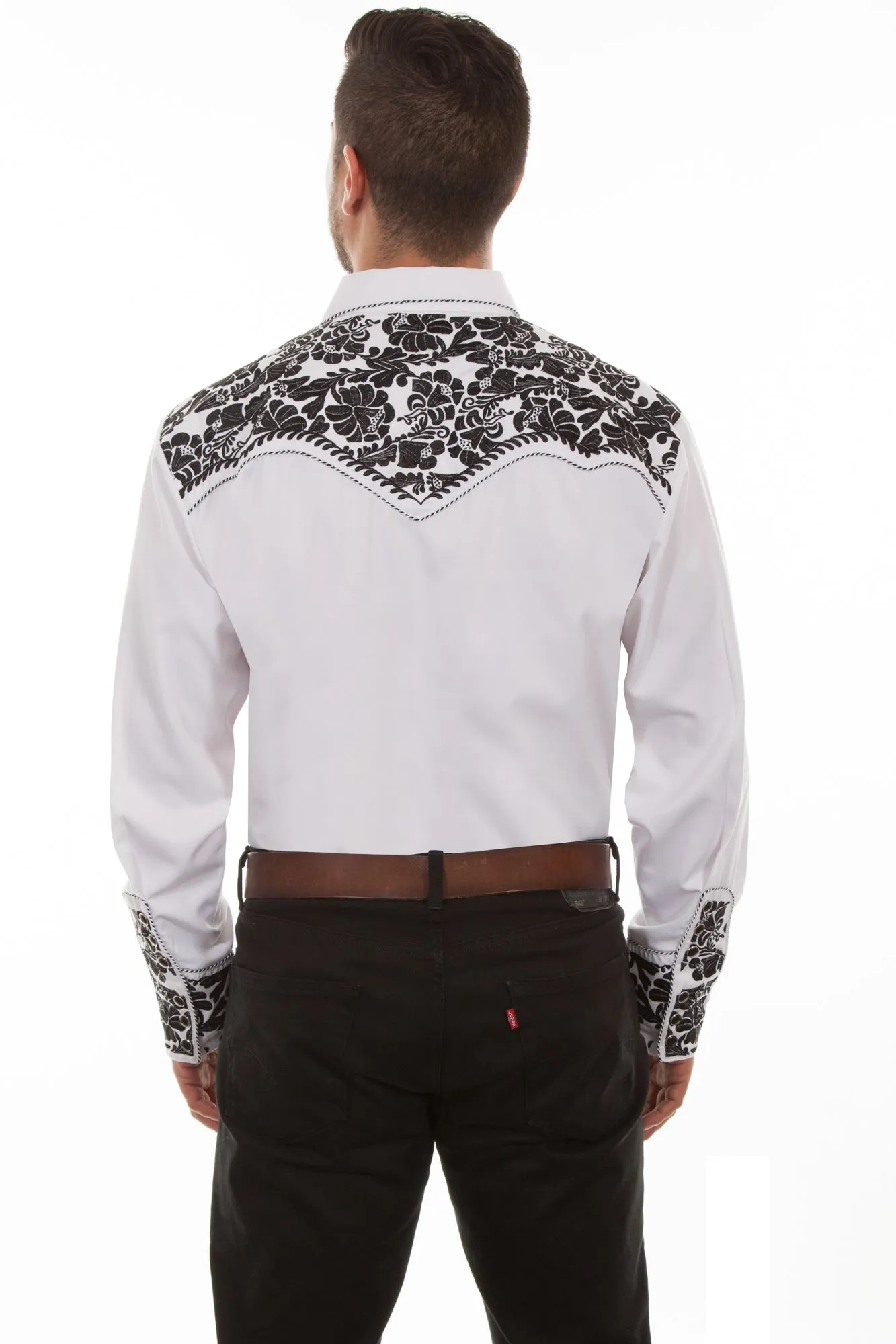 Hiking Gear Scully Mens White/Black Poly/Rayon Tooled Floral L/S Shirt