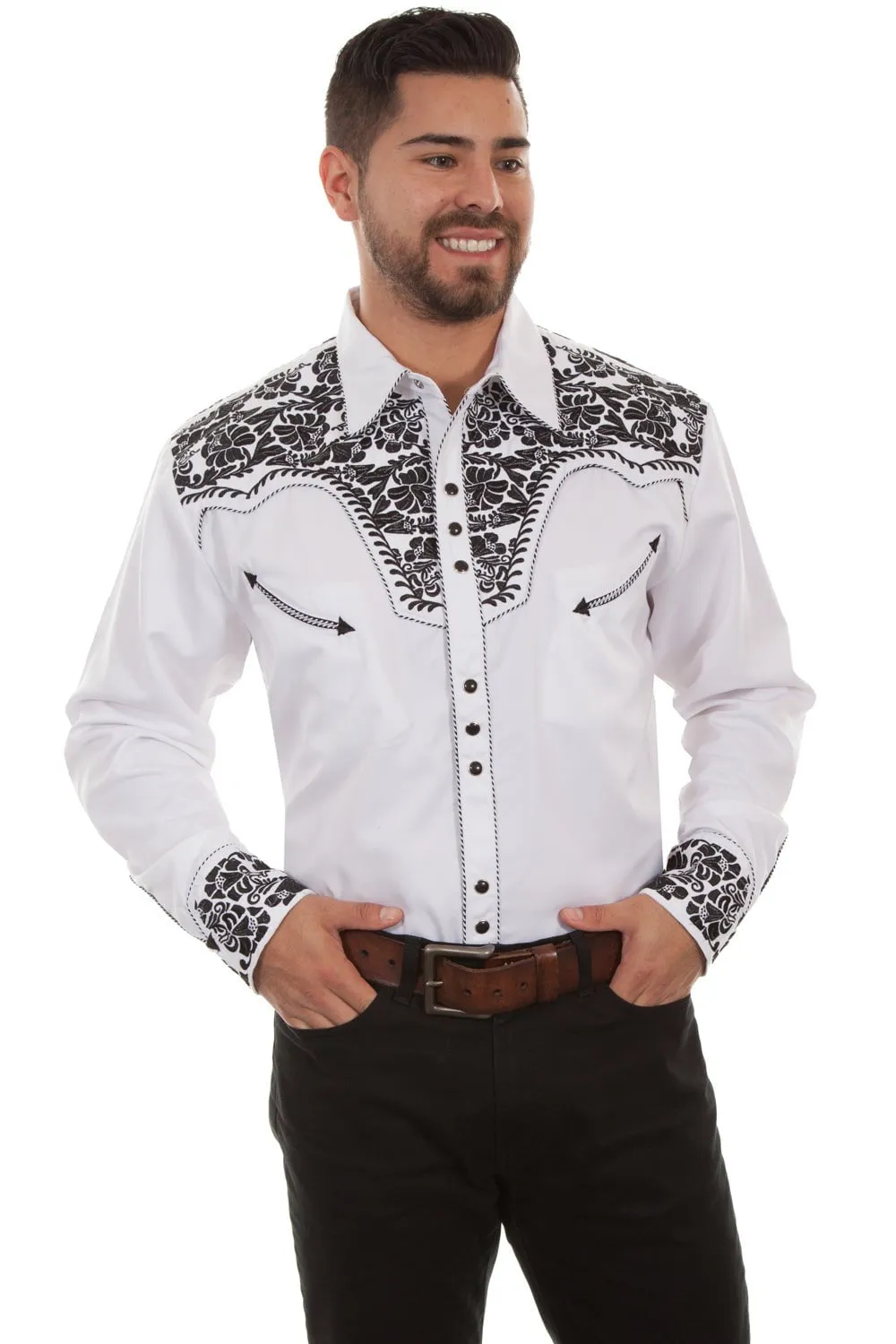 Scully Mens White/Black Poly/Rayon Tooled Floral L/S Shirt Street Comfort Chill Wear