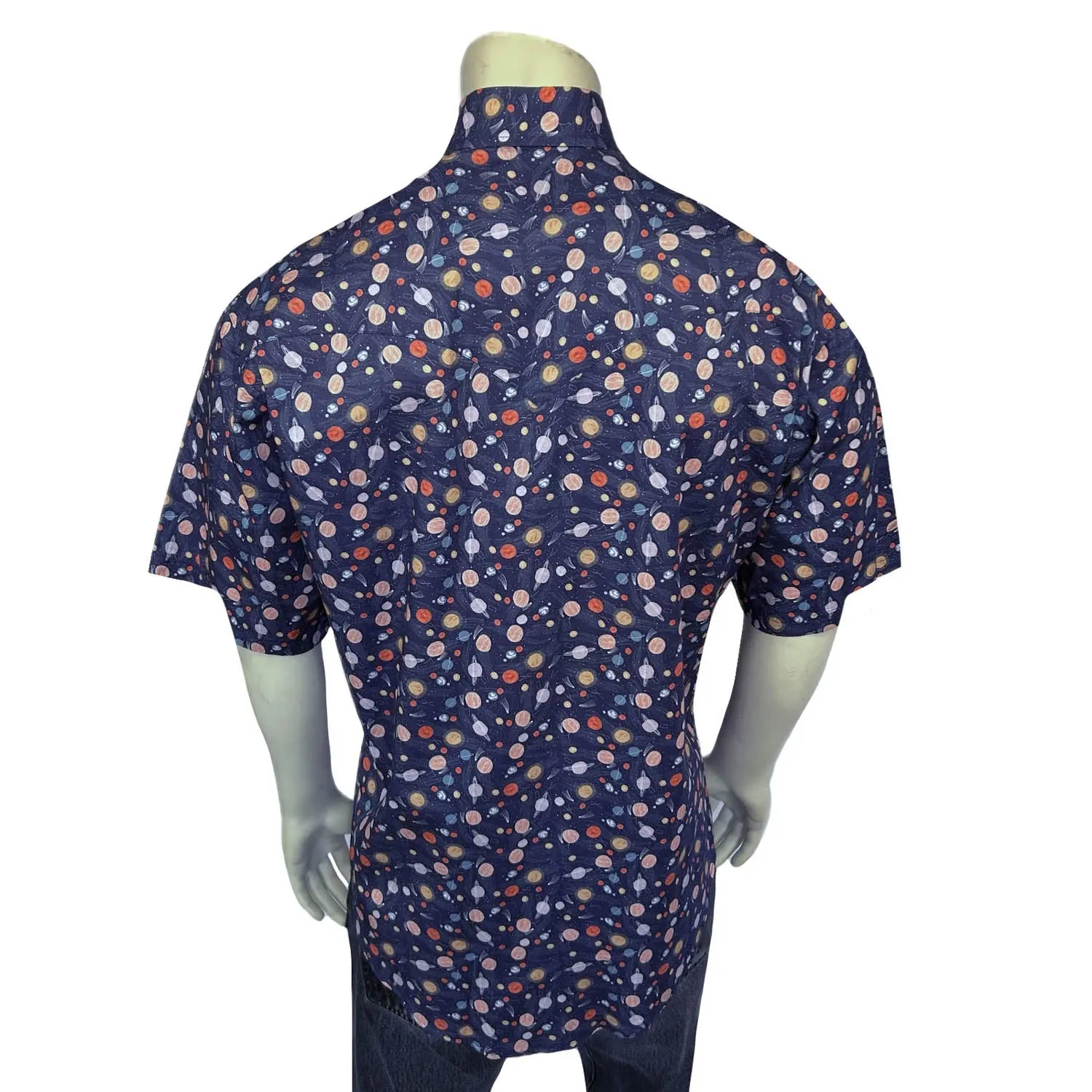Rockmount Mens Solar System Print Navy 100% Cotton S/S Shirt Monochrome Palette