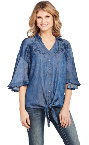 Sustainable Style Cowgirl Up Womens Denim Polyester V-Neck Ruffle Blouse S/S Odor control Cowgirl Up Womens Denim Polyester V-Neck Ruffle Blouse S/S