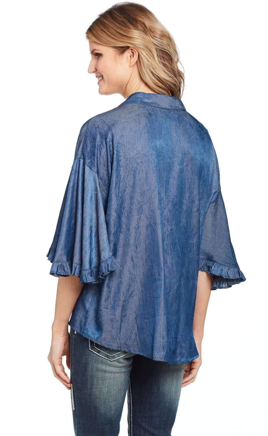 Workwear Approved Cowgirl Up Womens Denim Polyester V-Neck Ruffle Blouse S/S