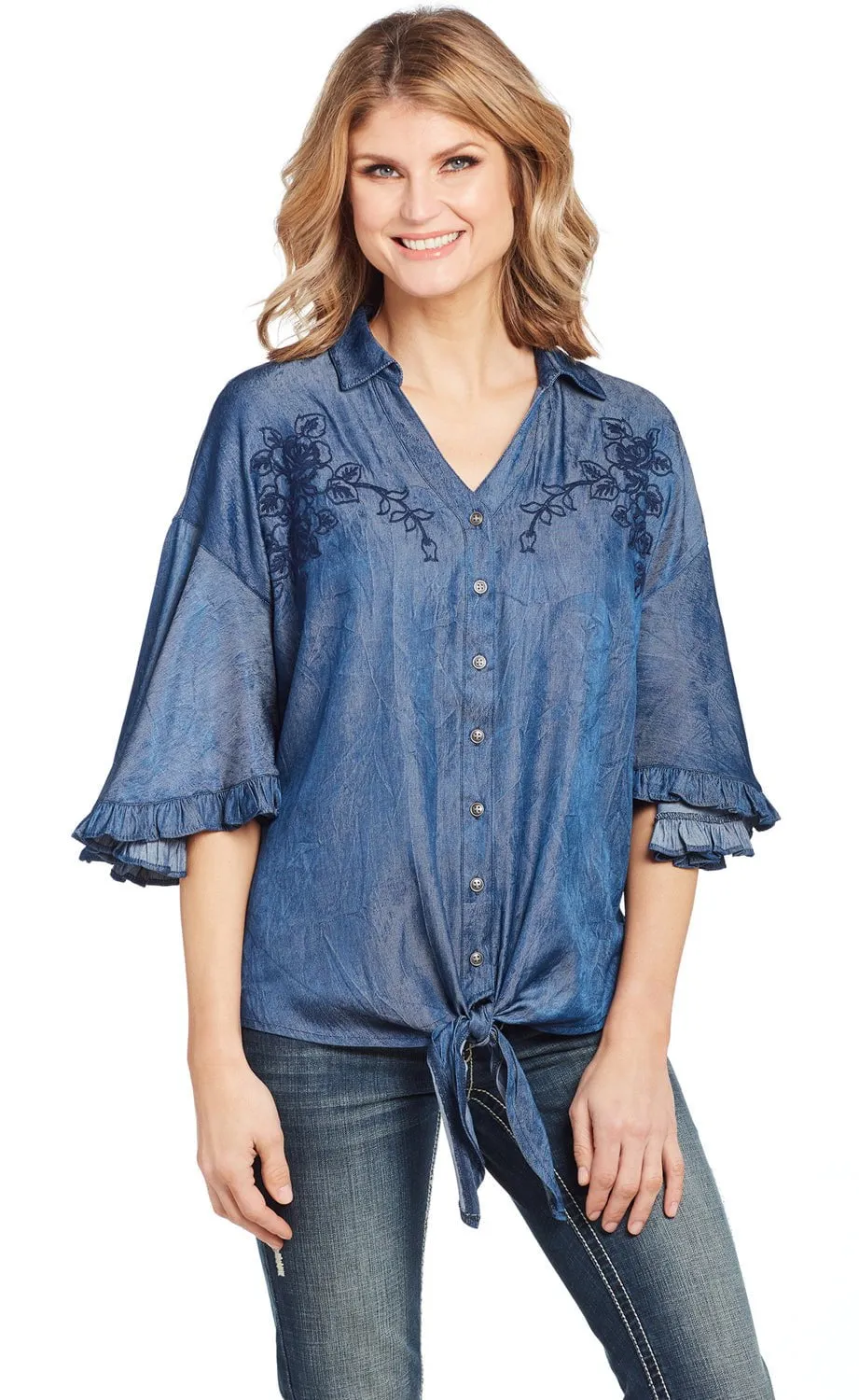 Odor control Cowgirl Up Womens Denim Polyester V-Neck Ruffle Blouse S/S